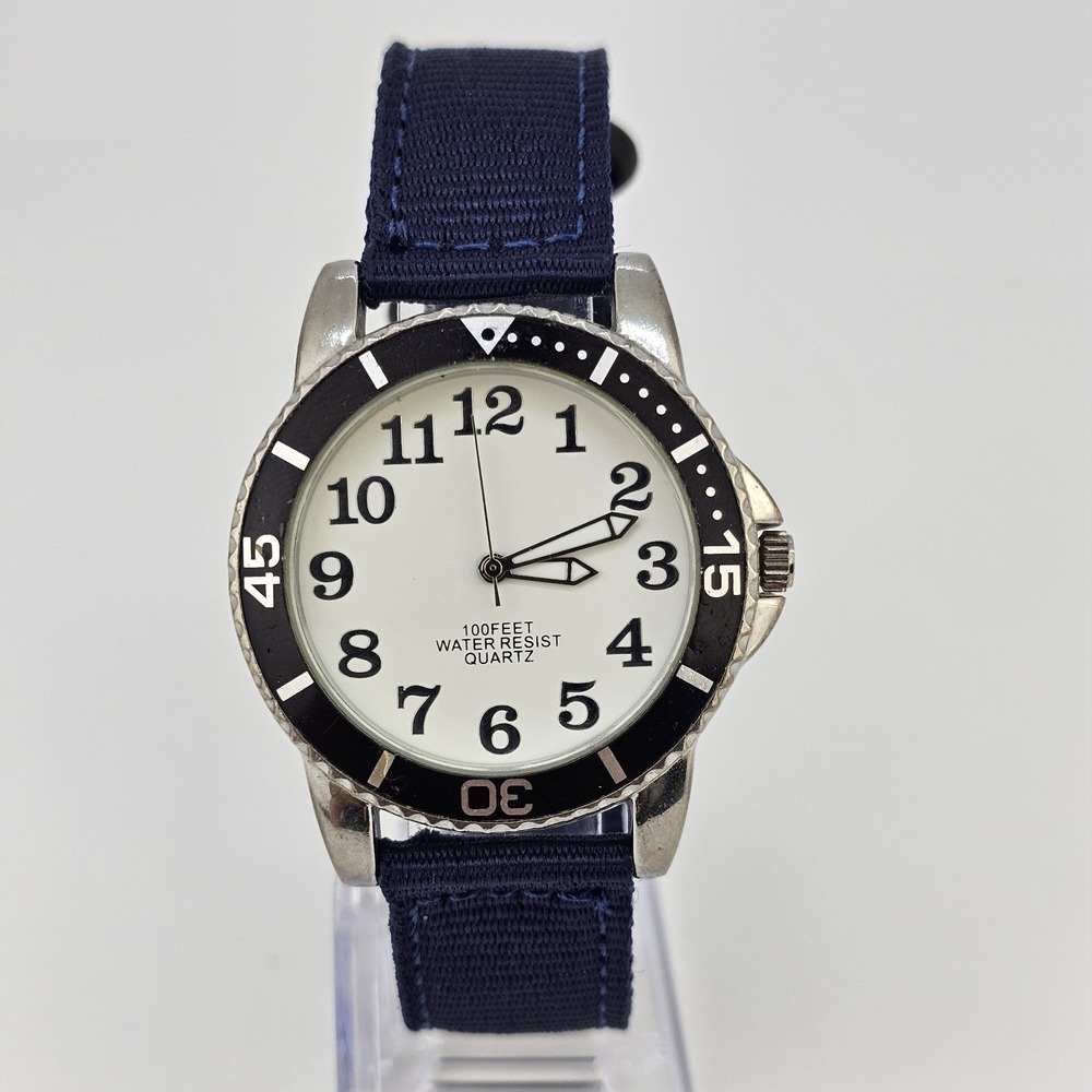 38MM‎ Watch Men White Dial Black Bezel New Navy Blue Canvas Bands New Battery